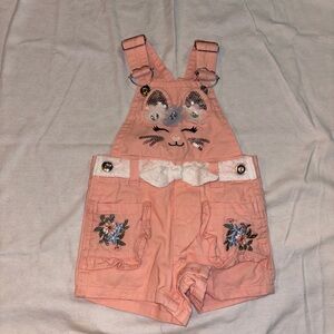 Pink Cat Embroidered Girls' Short Overalls